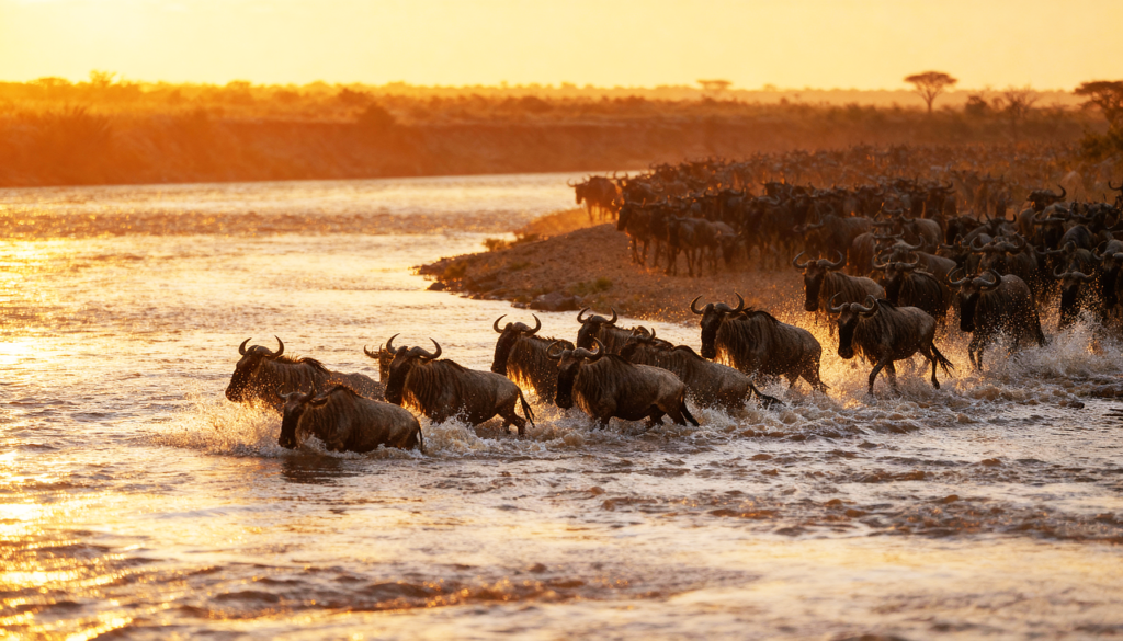wildebeest, kenya, river crossing, wildlife, migration, africa, nature, herd, savanna, mara river, safari, african wildlife, golden hour, mammals, great migration, grasslands, ai generated
