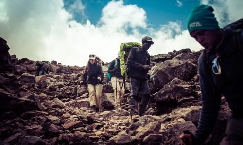 A diverse group of hikers navigating a rocky mountain trail under a bright sky.